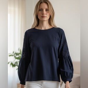 LOFT Navy Eyelet-Paneled Long Sleeve Top